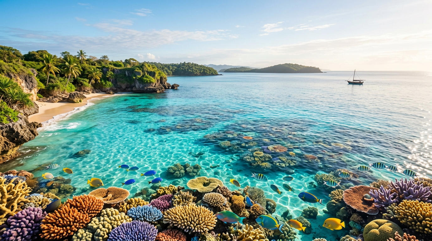 Crystal clear ocean waters with healthy coral reef