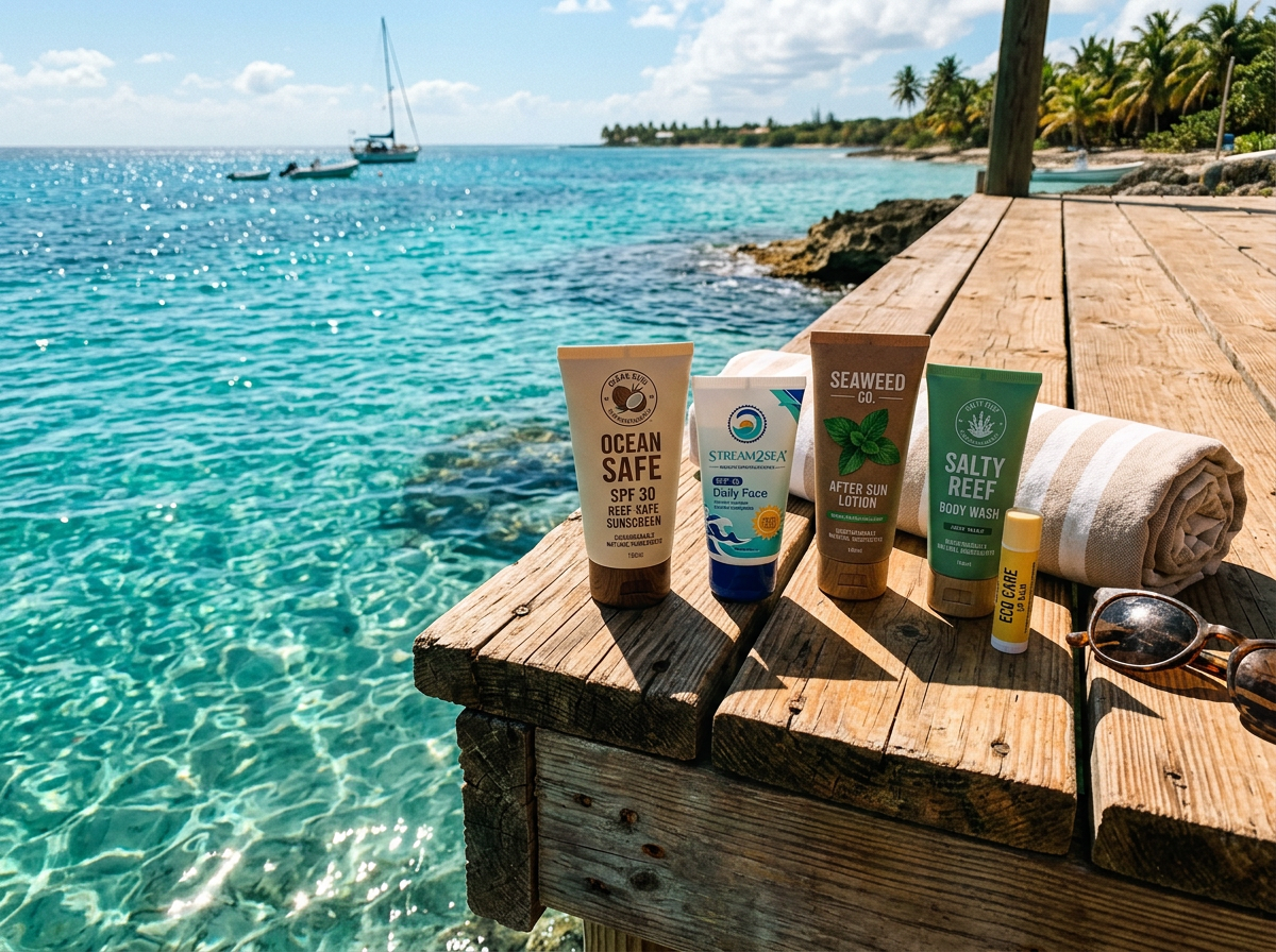 Reef conscious sunscreen tubes on wooden dock
